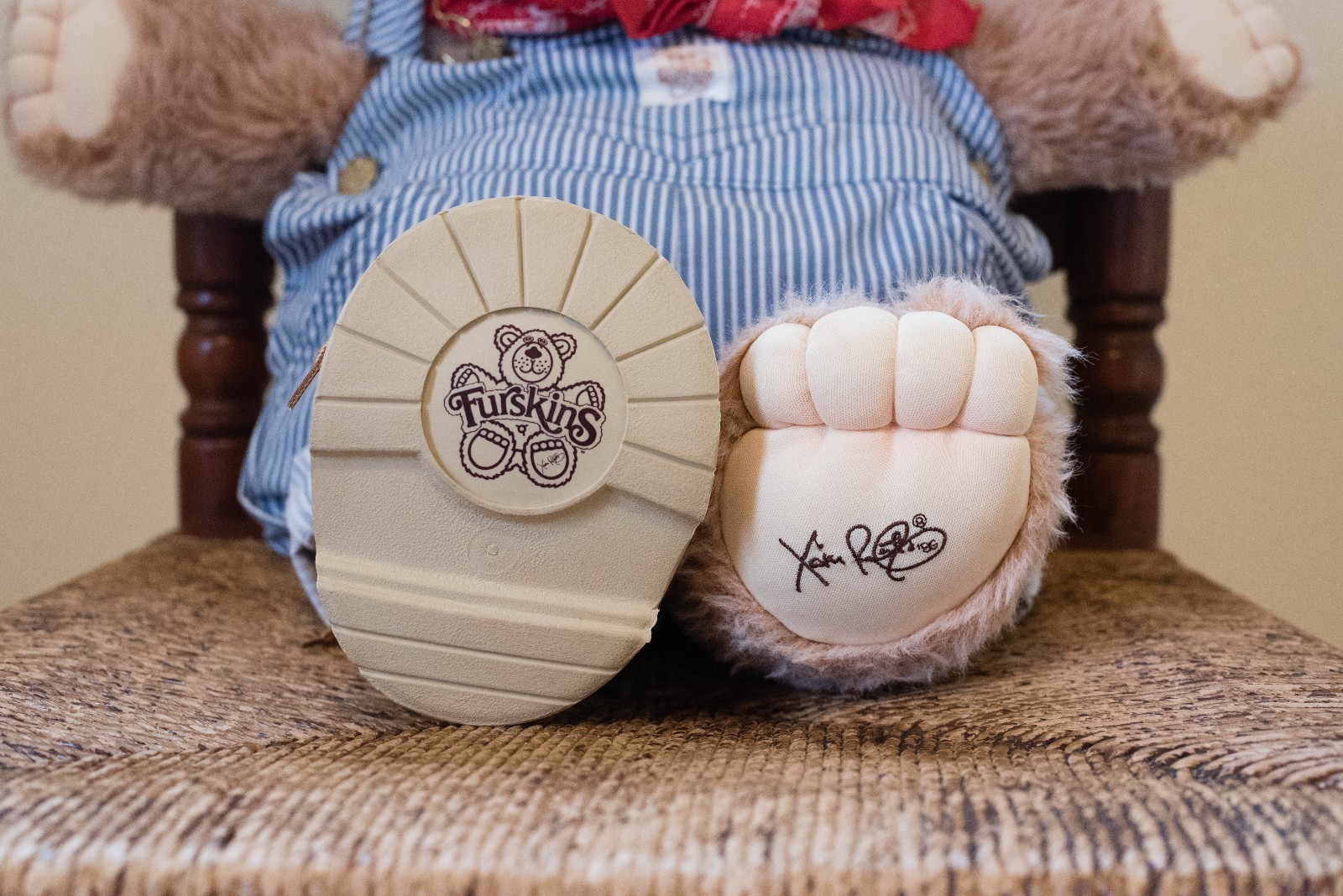 Vintage Furskins Plush Bear Brown Striped Overalls Complete w Boots Handkerchief