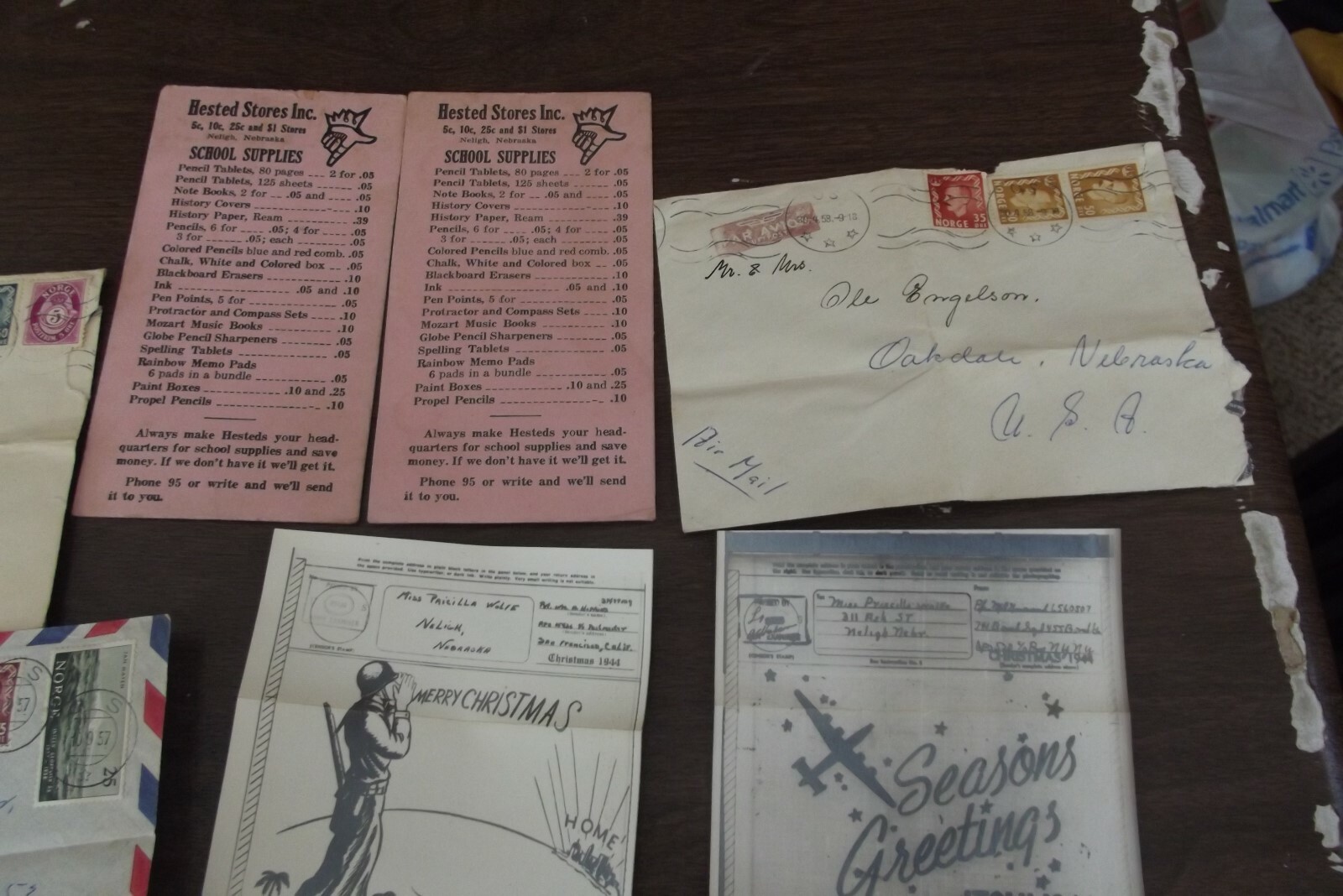 Neligh, Nebraska v-mail 2 pcs world war 2 plus adds of local sotres