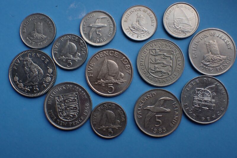 British Territories, 13 - 5p Five Pence Coins, as shown.