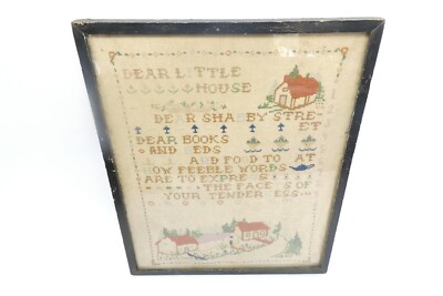 Antique Little House Embroidery Cross Stitch Framed Needlepoint Folk Art