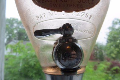 embossed pink glass Mission Real Fruit Juice soda syrup pump spigot dispenser