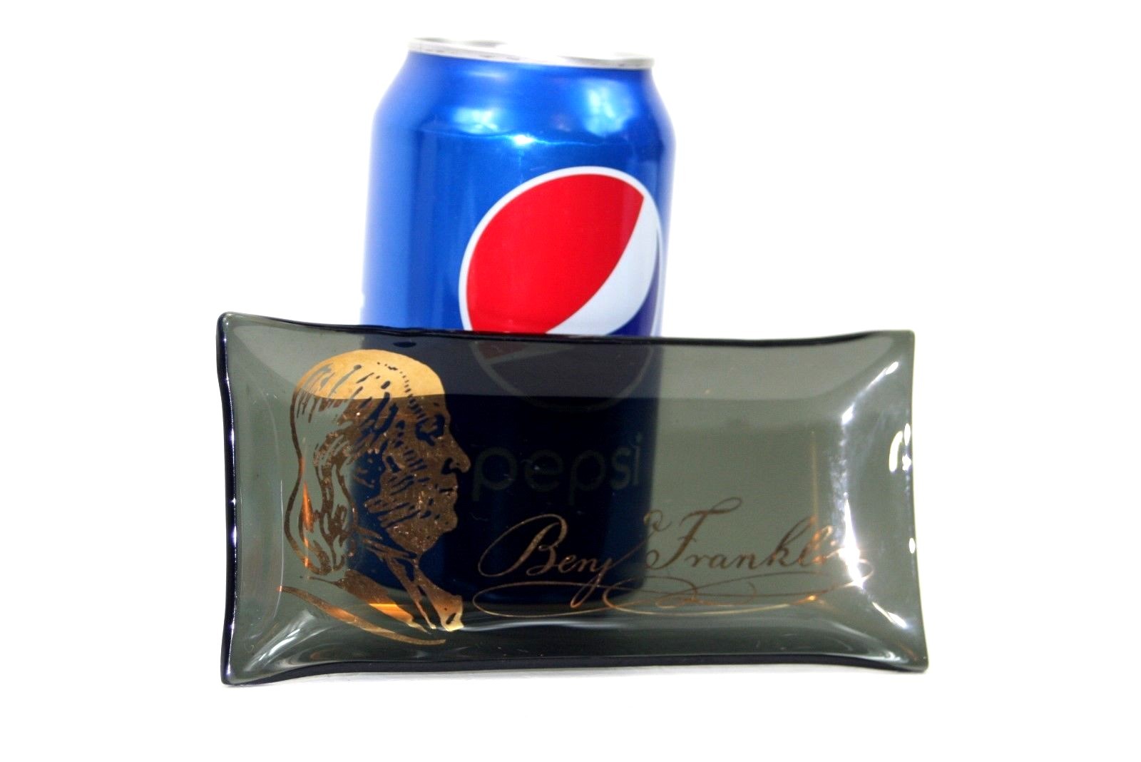 Benjamin Ben Franklin Money Tray Ashtray Smoky Glass Gold Trim Glass Tray