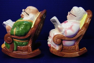 Lefton China Pair Banks Grandma & Grandpa Rocking Chairs Retirement Fund 1989