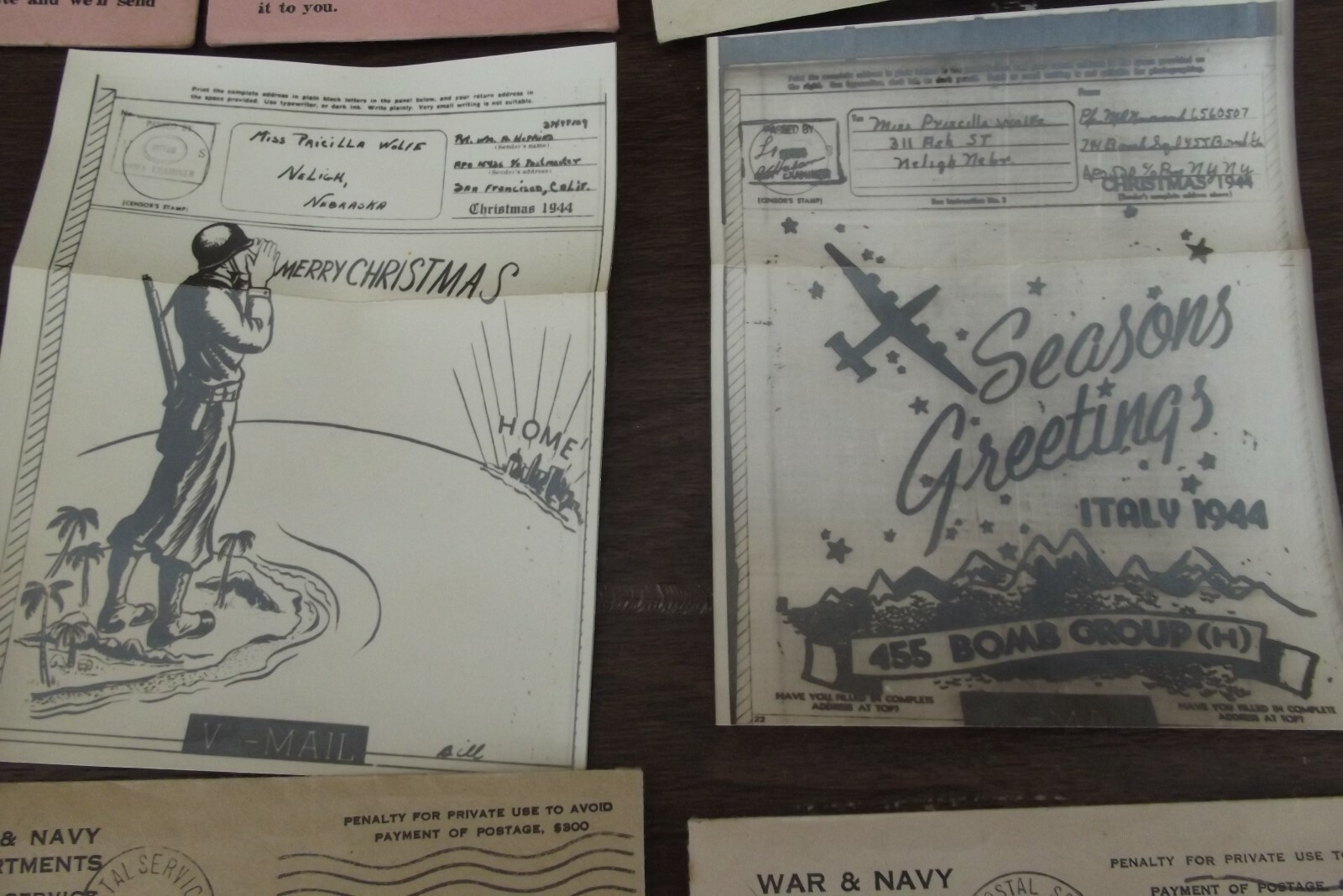 Neligh, Nebraska v-mail 2 pcs world war 2 plus adds of local sotres