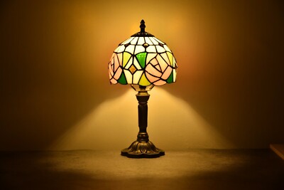 Tiffany Table Lamp  Vintage Accent Lamp Floral Stained Glass Bedside Lamp H 14''