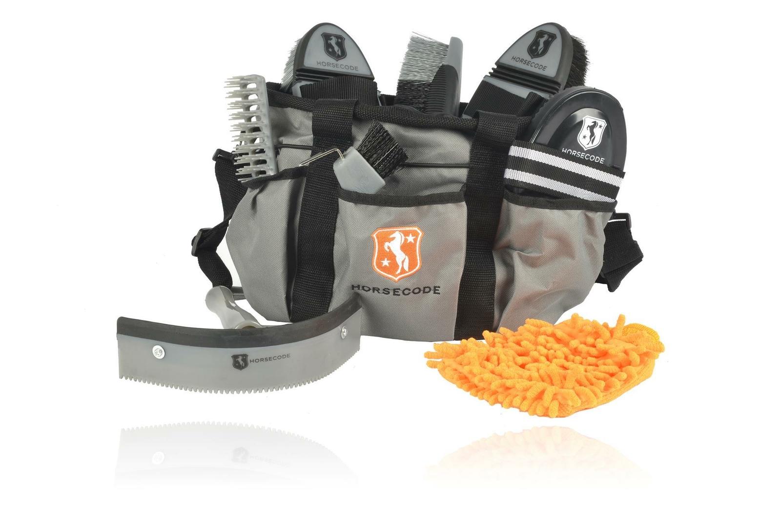 Horsecode Putztasche mit Inhalt Grau 10-teilig Pferdeputzset Striegel hufkratzer