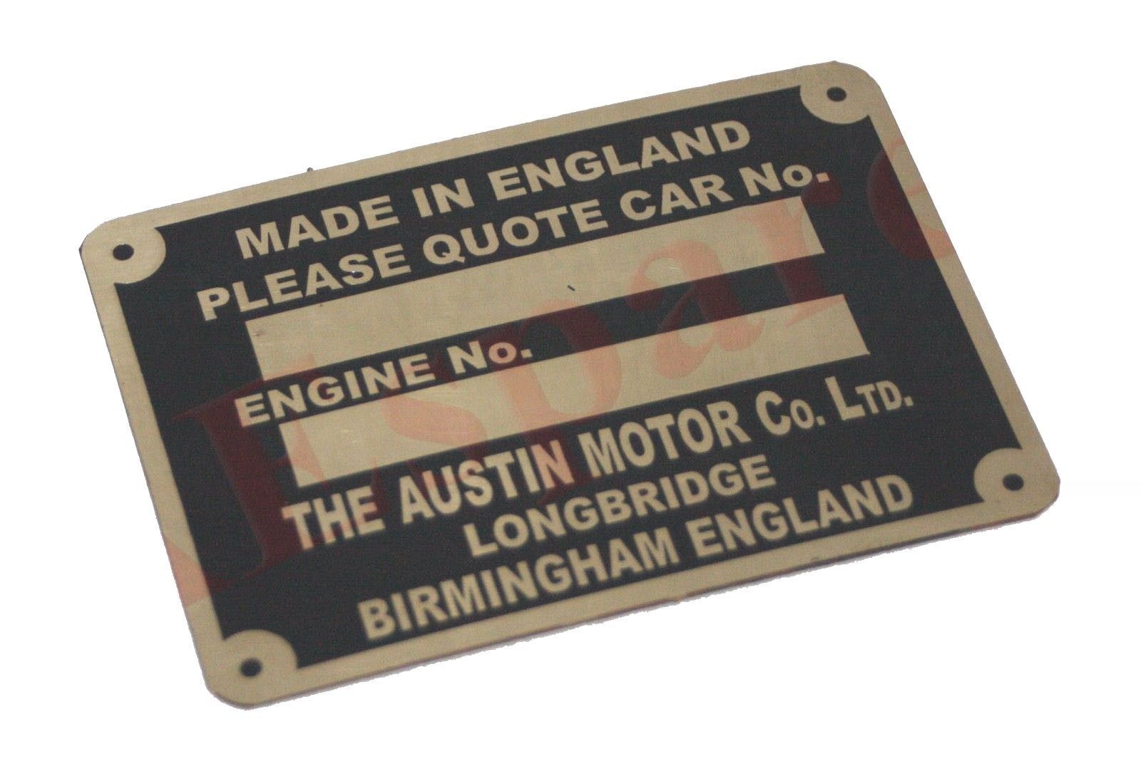 The Austin Motor Co Ltd. Birmingham England Engine Number Plate 
