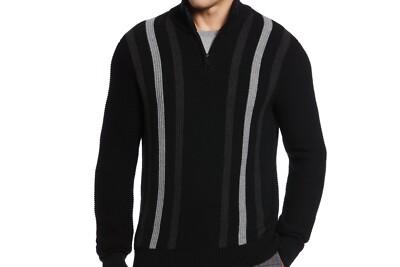 Perry Ellis Men's Jacquard Stripe Quarter Zip Sweater, Black Sz XXL - $98