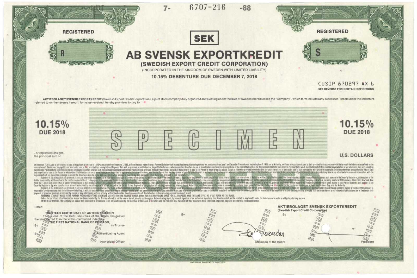 Swedish Export Credit Corporation. Stock Certificate