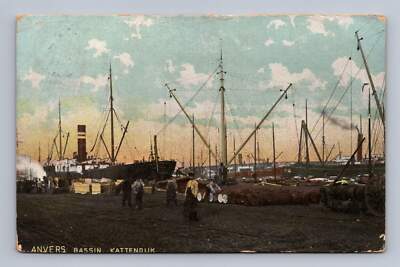Belgium ANTWERP Kattendijk Basin Harbor Scene 1911 to San Diego CA