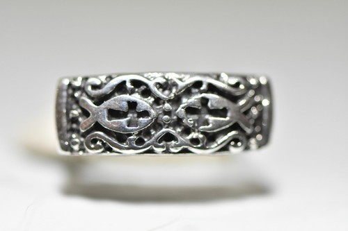 Cross Ring biker band fish religious sterling silver men