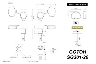 GOTOH SG301-20 Tuning Machine with Grover shaped buttons - 4L x 2R - Cosmo Black
