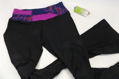 S NWT MTA SPORT ATHLETIC YOGA PANTS GYM Black w/Colorful Waist SOFT