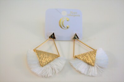 Hypoallergenic gold tone textured geometric dangle with white fringe earrings