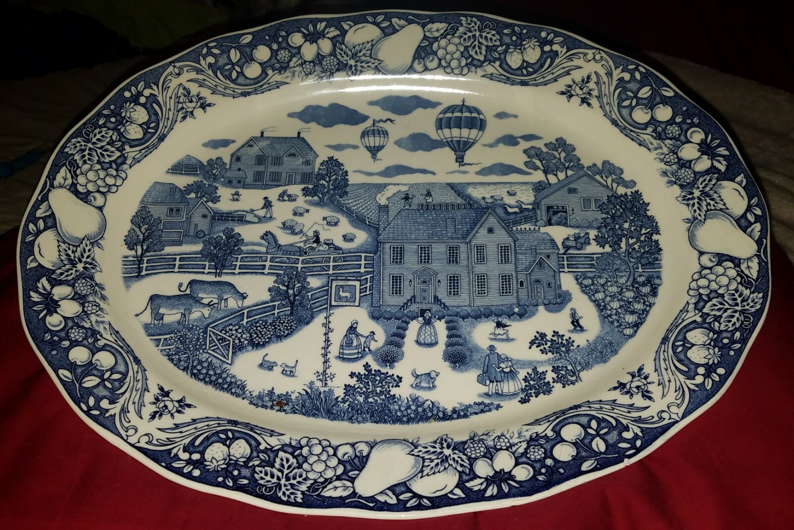 Vintage SANYEI Blue Transferware Large Oval Serving Platter~Japan~Farm, Balloons