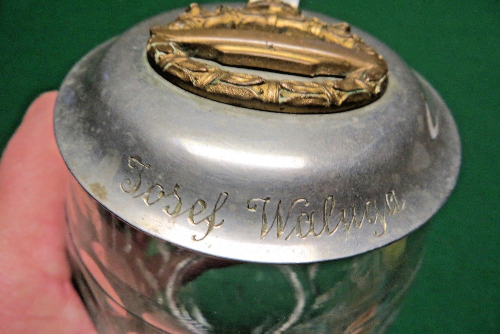 DIMPLED GLASS 7/20L STEIN BRASS SUBMARINE JOSEF WALAGO,KINGS CROWN MAKERS MARK