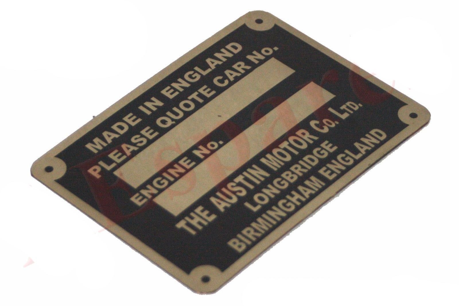 The Austin Motor Co Ltd. Birmingham England Engine Number Plate 