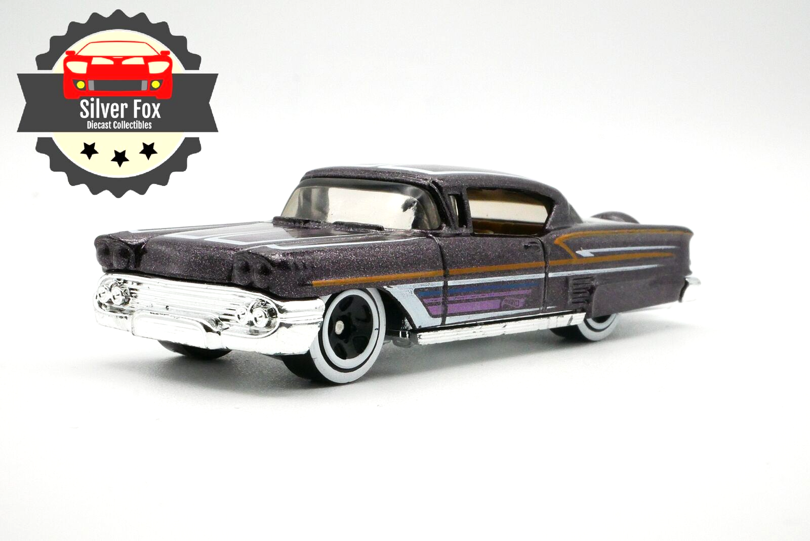 1958 CHEVY IMPALA DARK PURPLE CLASSIC 1:64 SCALE DIECAST DIORAMA COLLECTOR CAR