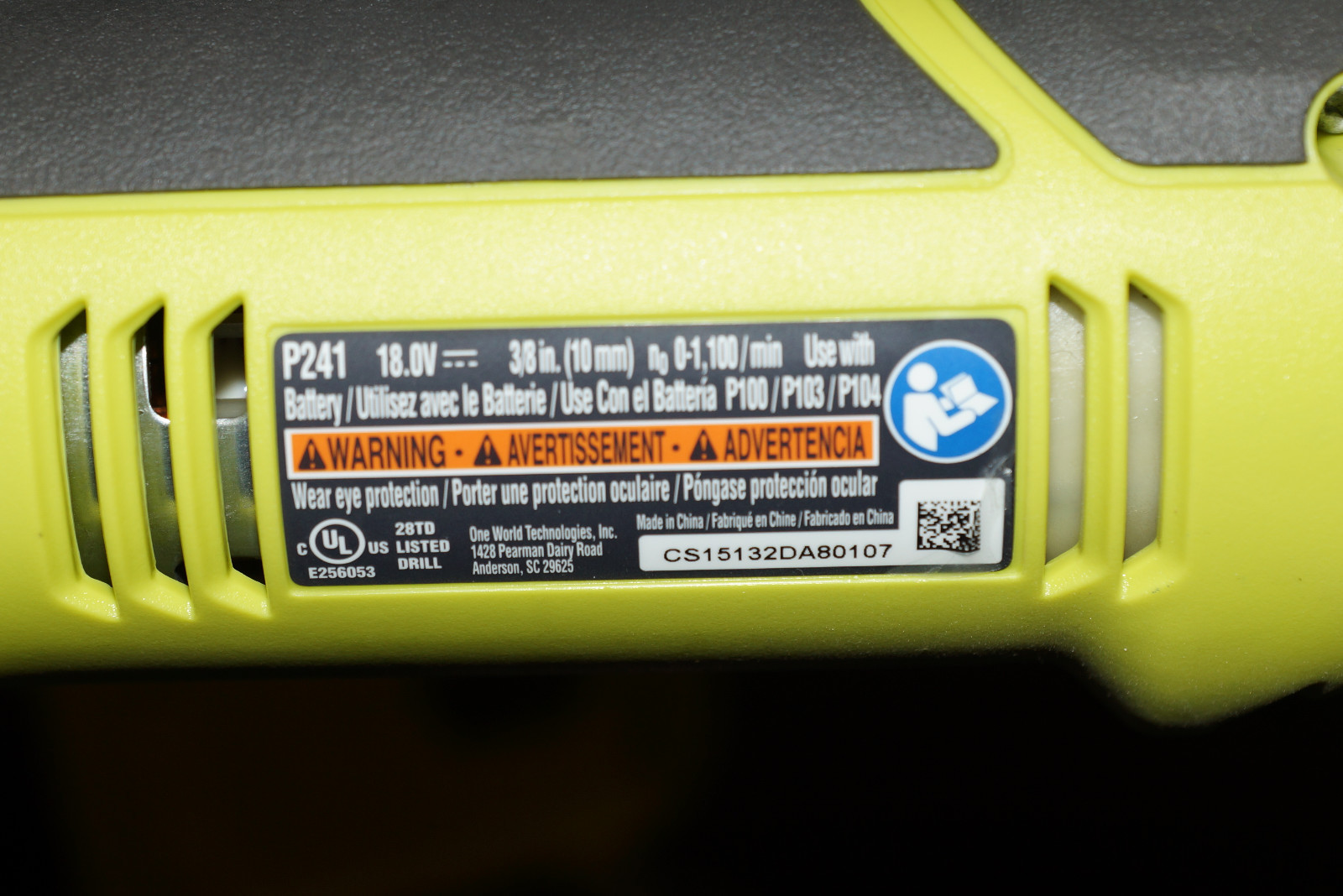 Ryobi P241 18V 18-Volt ONE+ 3/8 in. Right Angle Drill (Tool Only)