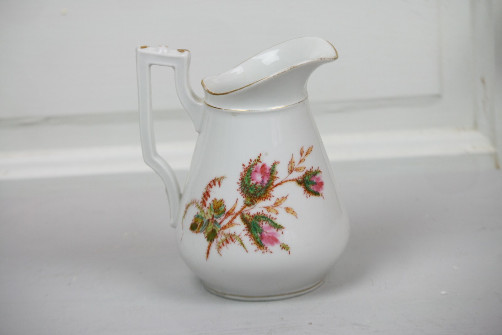 Antique Moss Rose Pitcher Jug Old Paris White Ironstone Pink Green Florals 6