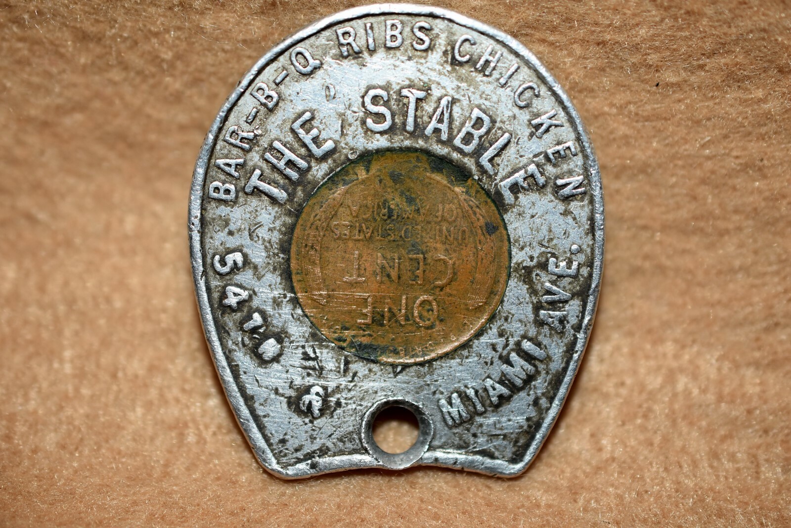 Good Luck Horseshoe Encased 1956 D Penny Advertising THE STABLE, BBQ Restaurant