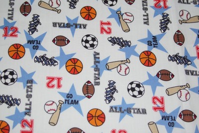 1/4 yd x 42'' * 100% Cotton Fabric *Multi-Sport Theme * Fun Novelty Fabric