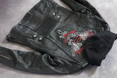 Harley Davidson Women AMELIA B&S Wings Black Leather Jacket Hood 3in1 97189-14VW