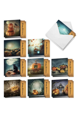 20 Halloween Cards (10 Designs, 2 Each) - Spooky Pumpkins AMQ4962HWG-B2x10