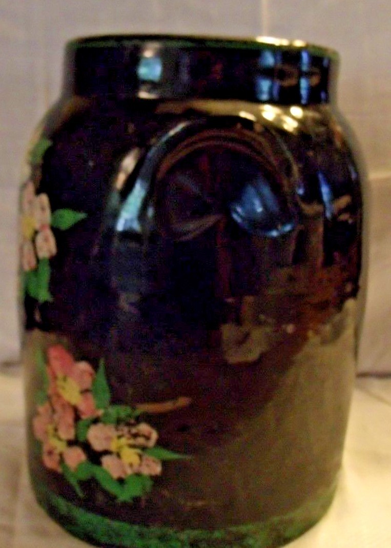 ANTIQUE PRIMITIVE BLACK CROCK W/HAND PAINTED FOLK ART FLOWERS