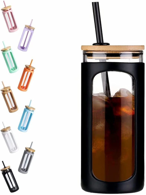 Glass Water Tumble with Straw and Lid,Bamboo Lids Water Bott