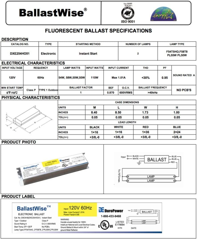 T5 Grow Light Ballast with Wires (DXE254HO51) for 2 F54T5HO Bulbs