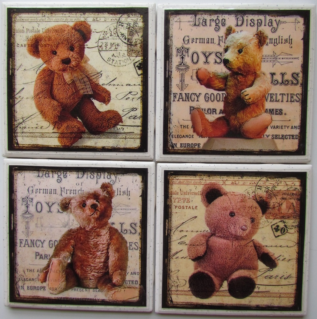 Natural Stone Ceramic Tile  Marble Drink Coasters - Set of 4 - Teddy Bear 1 G