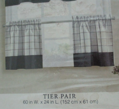 Curtain,  Bistro,  One Tier Pair,  60'' X 24'',   Black Check Pattern,  Rod Pocket