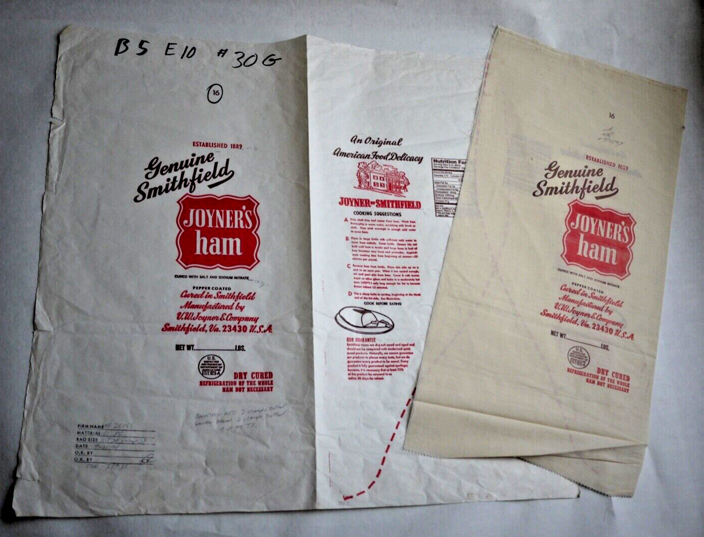 PAIR Vintage Paper / Cloth Bags - JOYNER'S HAM, V W JOYNER PAIR Vintage Paper / Cloth Bags - JOYNER'S HAM, V W JOYNER