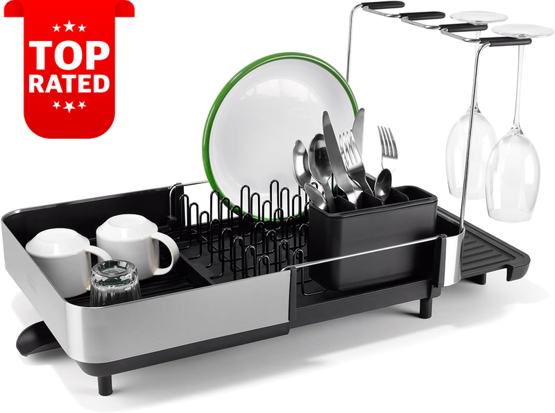 Extendable Steel Dish Rack Drainer with Wine Glass Holder and Drain Spout Black