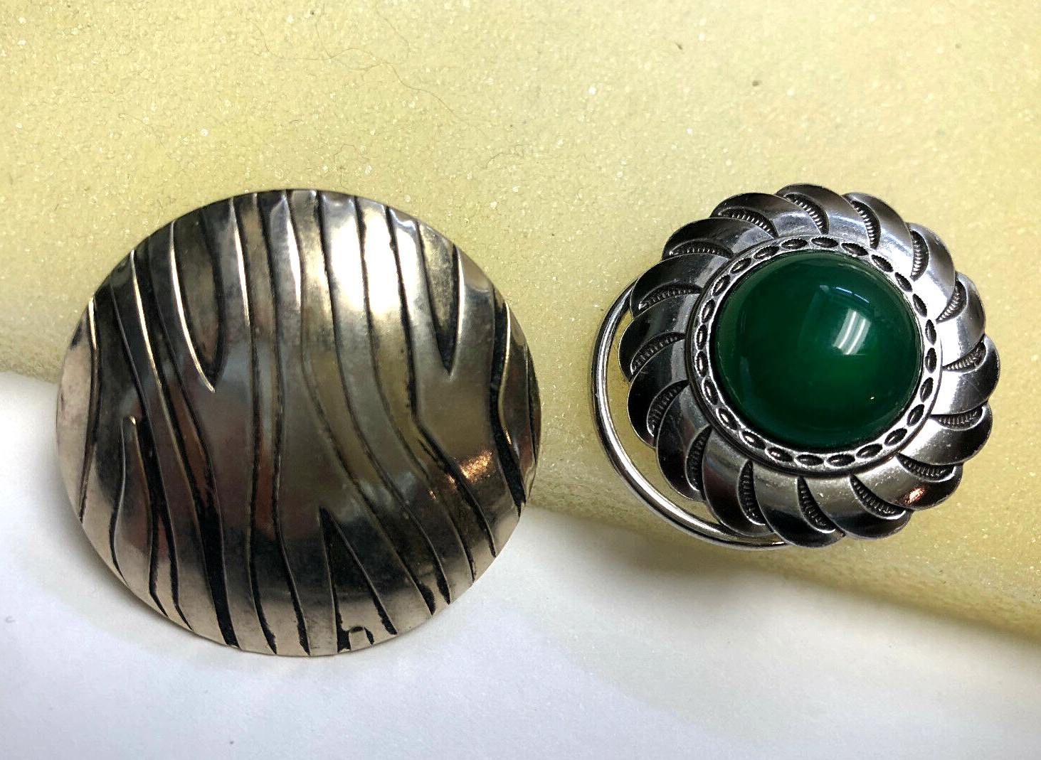 Vintage 2 dress / scarf clip lot signed Germany w/ green cabochon