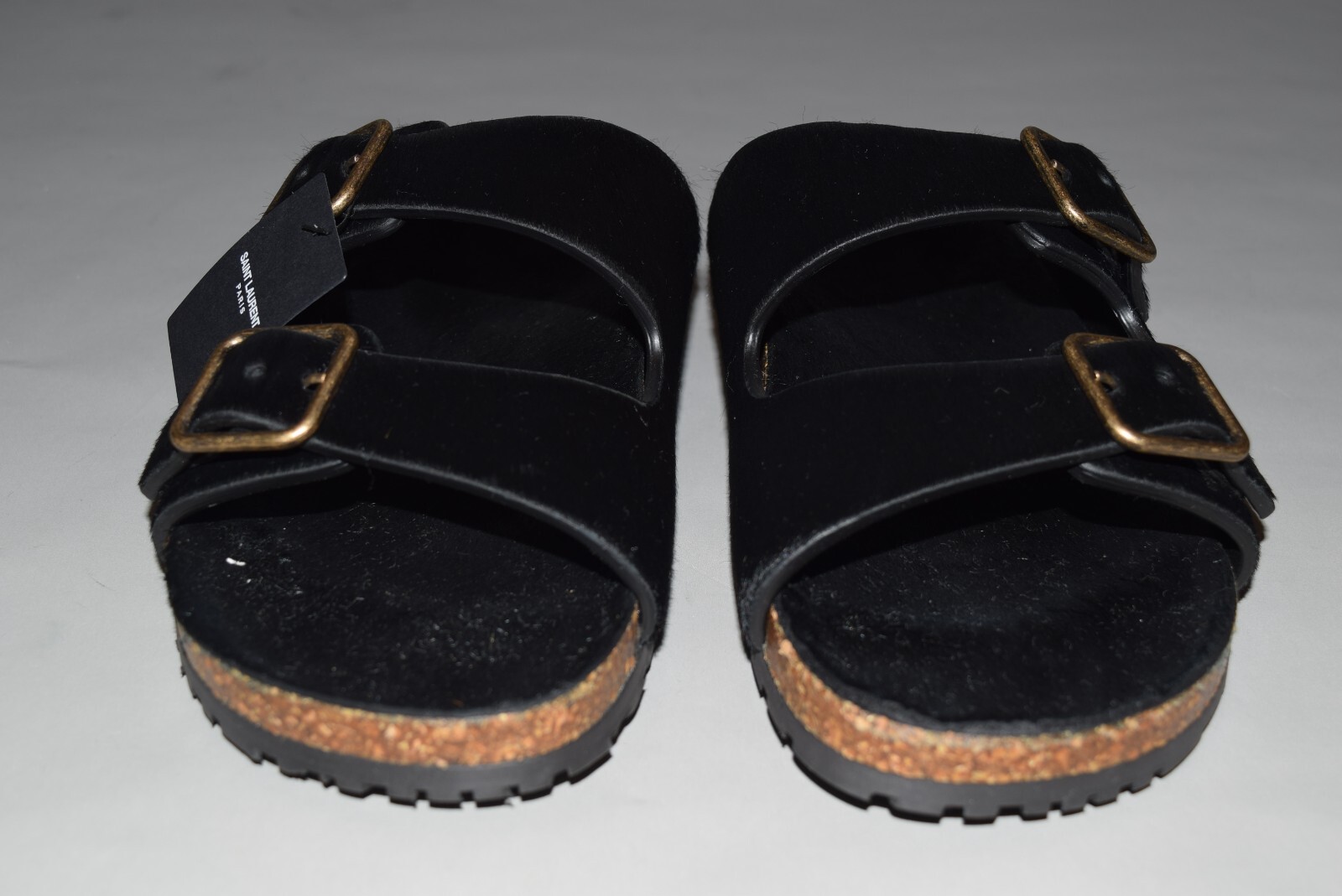 Pre-owned Saint Laurent $795 Ysl  Paris Pony Jimmy Flat Sandals 39/9 Black Birkenstock