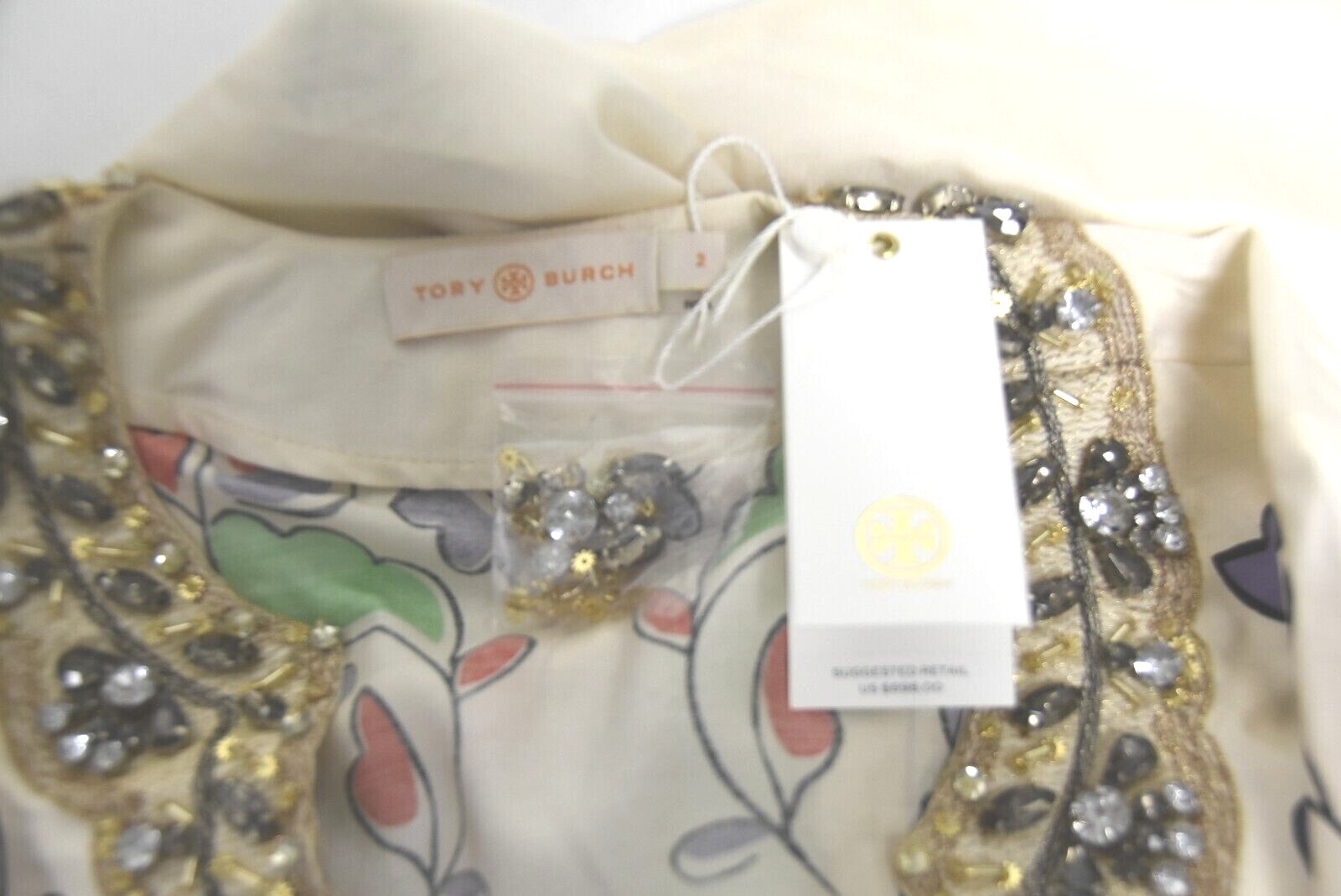 Pre-owned Tory Burch $758  Silk Tunic Legacy Paisley Top Blouse Cream Crystals 2 4 6 In White