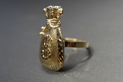 10K Solid Yellow Gold Diamond Cut Money Bag Dollar Sign Ring. Men Women Size 7