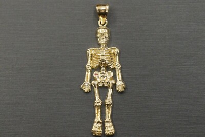 10K Solid Yellow Gold 2.1'' Polished Skeleton Body Skull Charm Pendant.