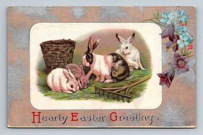 Bunnies Rabbits Hearty Easter Greetings Flowers Postcard Winsch