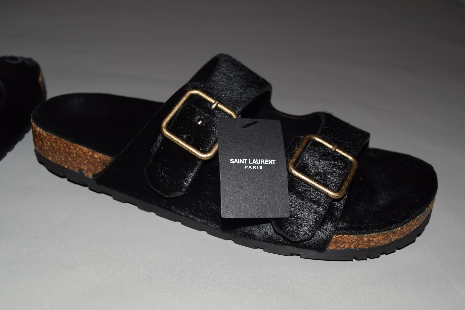 Pre-owned Saint Laurent $795 Ysl  Paris Pony Jimmy Flat Sandals 39/9 Black Birkenstock