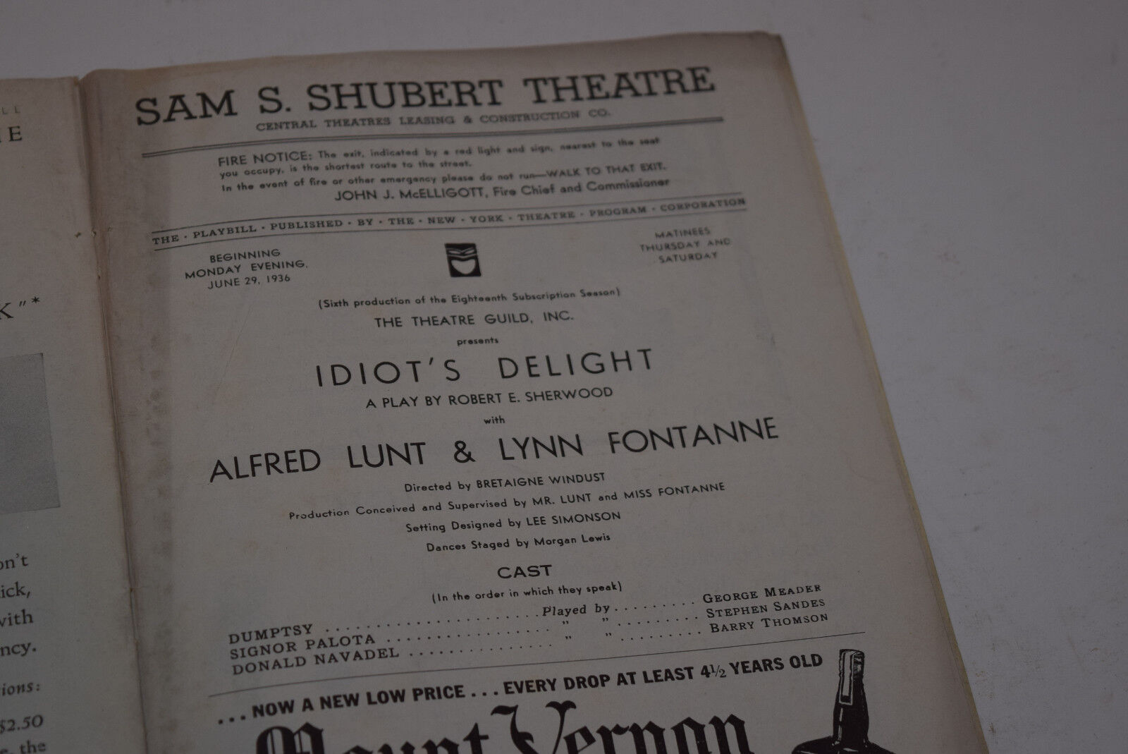 Vintage 1936 Theatre Playbill - 