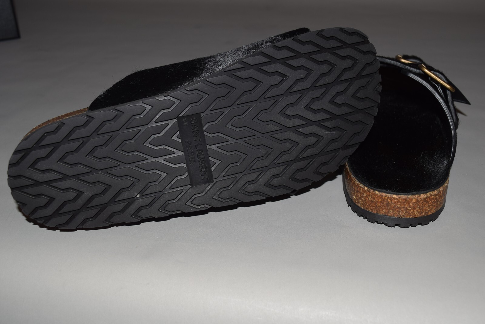 Pre-owned Saint Laurent $795 Ysl  Paris Pony Jimmy Flat Sandals 39/9 Black Birkenstock