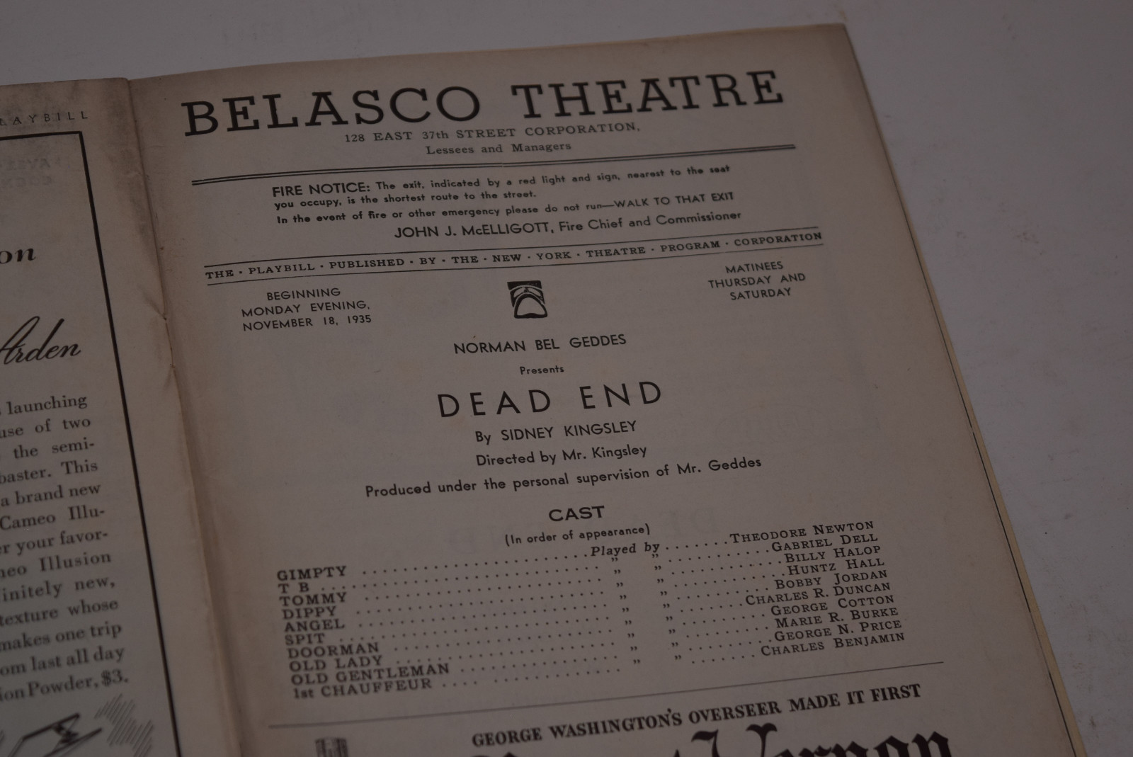 Vintage 1935 Belasco Theatre Playbill - 