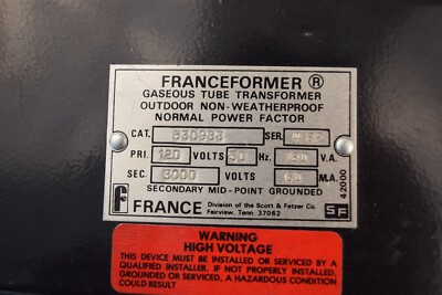 FRANCEFORMER 630983 Gas Tube Transformer Pri 120v Sec 3000v for NEON Lite