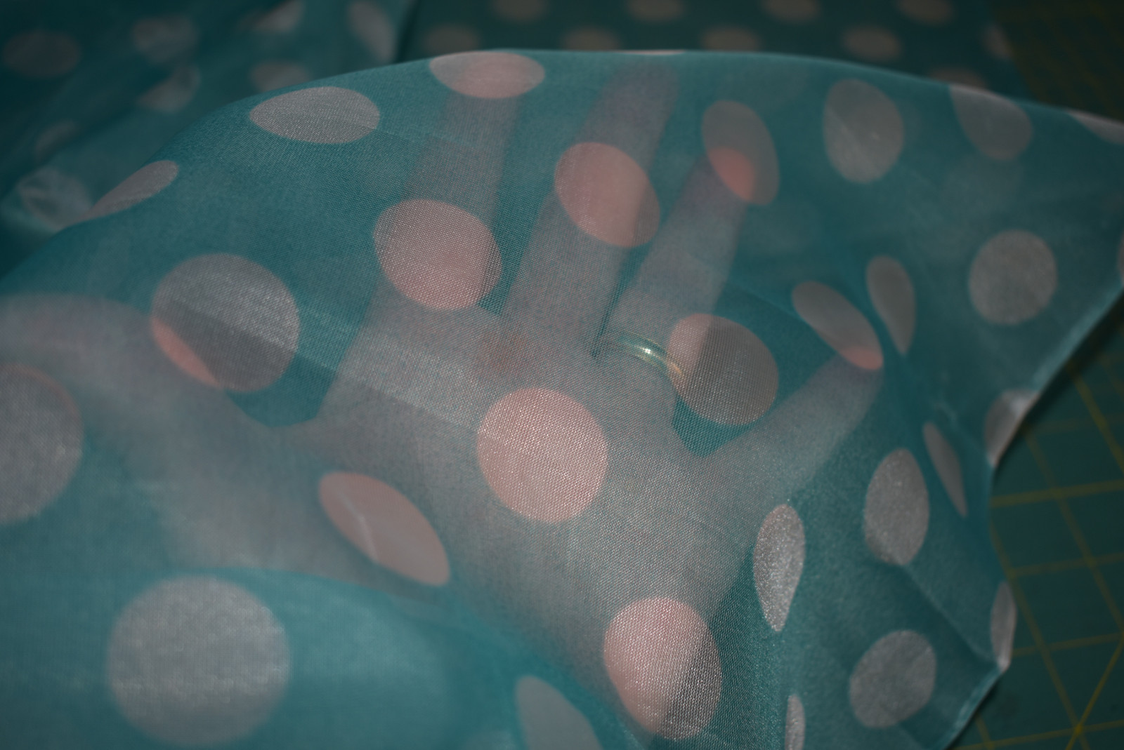 Vintage Chiffon Sheer Aqua Polka Dot Fabric Yardage