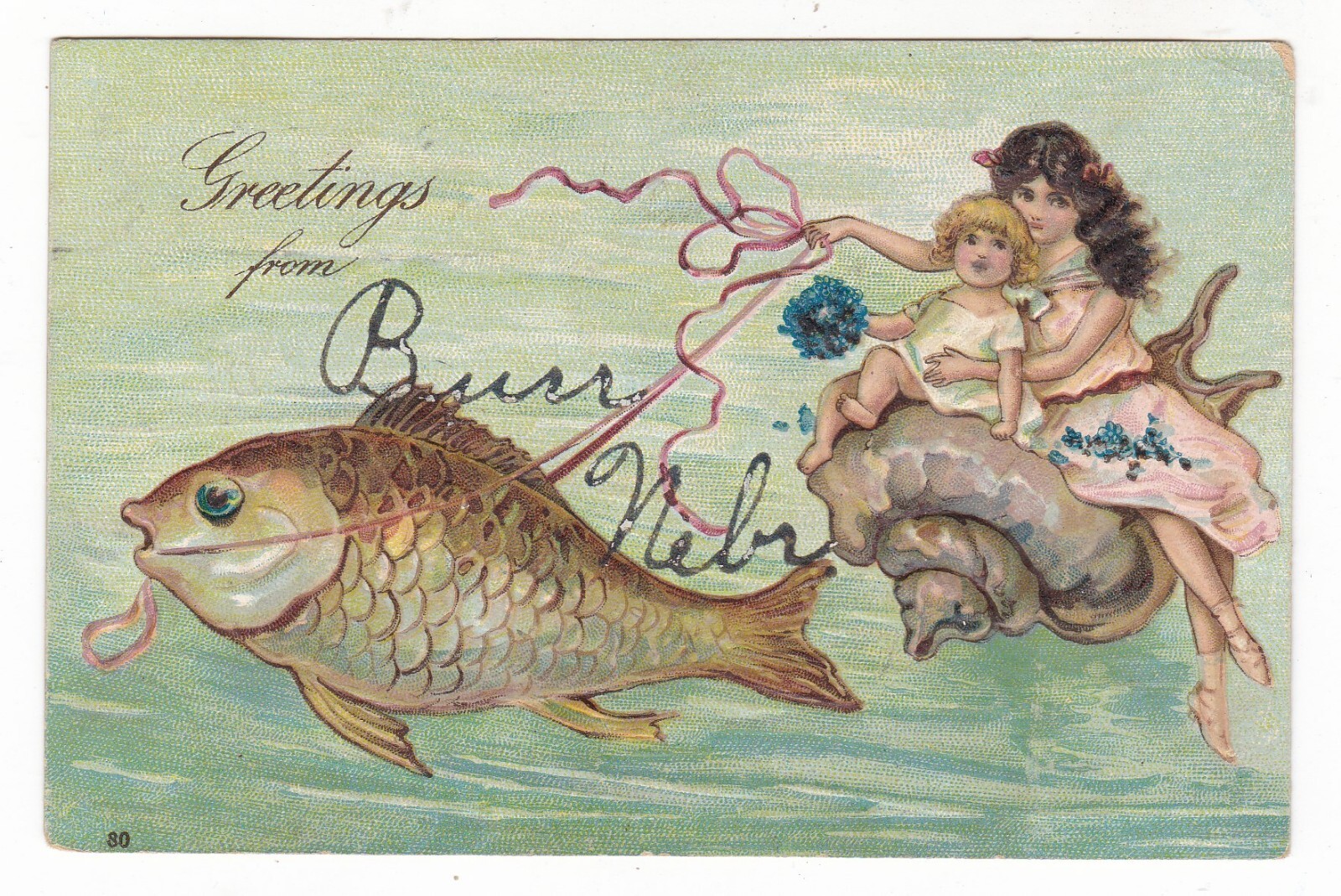 ももちゃん　1011 1909 BURR NEBRASKA GREETING FISH GIRLS VINTAGE POSTCARD NE