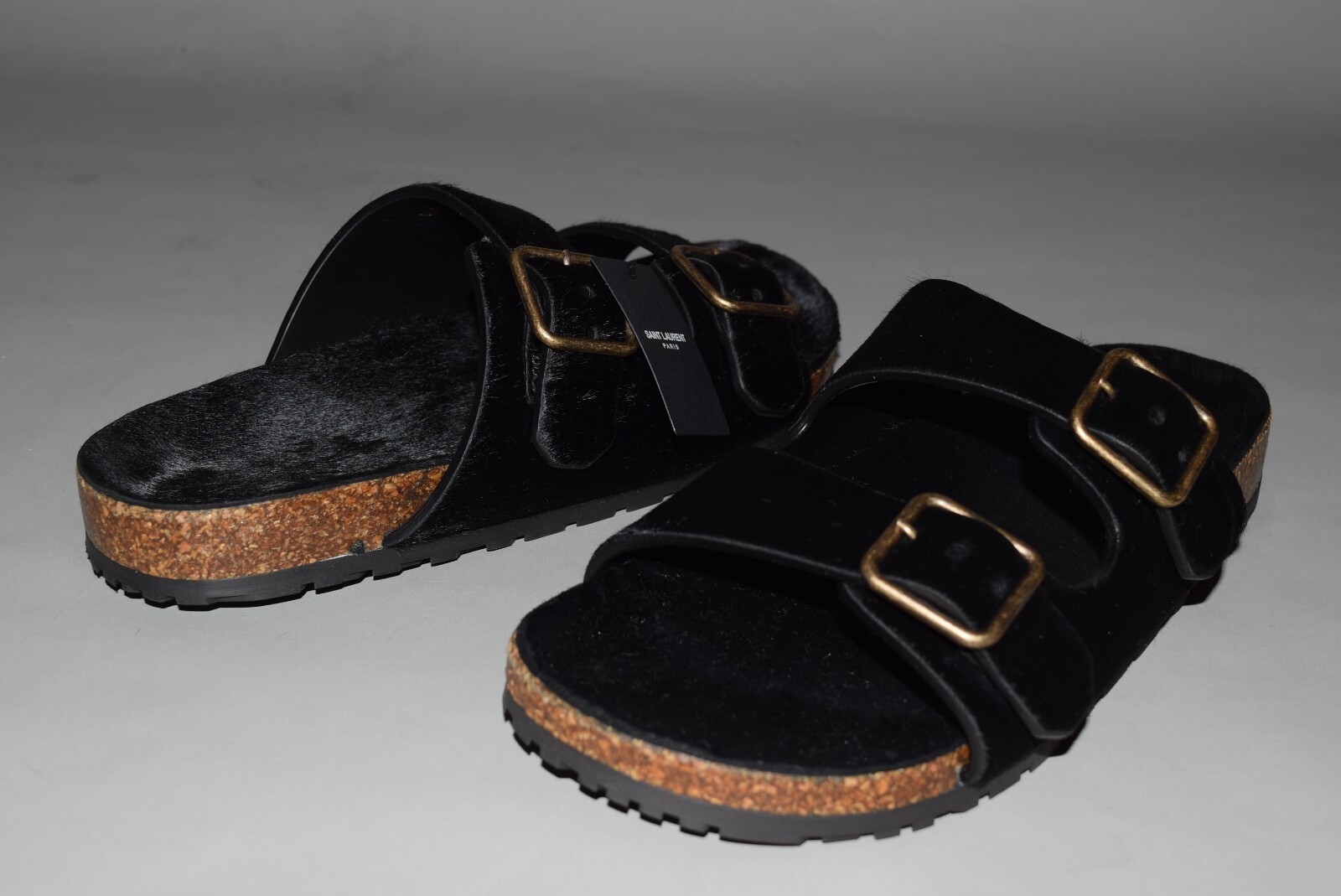 Pre-owned Saint Laurent $795 Ysl  Paris Pony Jimmy Flat Sandals 39/9 Black Birkenstock