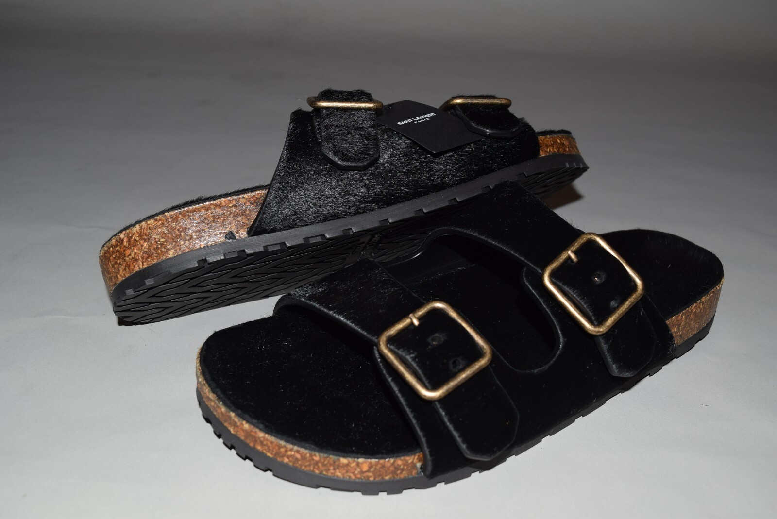 Pre-owned Saint Laurent $795 Ysl  Paris Pony Jimmy Flat Sandals 39/9 Black Birkenstock